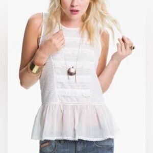 Free People White Ruffle Peplum Lace Tank Blouse Bohemian Sz L coastal Cowgirl